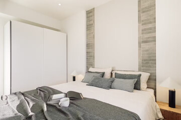 Modern luxury bedroom interior in minimal scandinavian style, 3d render
