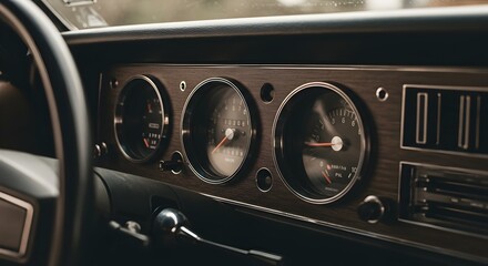 Fototapeta premium Detailed view of vintage car dashboard with classic gauges and controls in warm golden lighting - perfect for automotive restoration and classic car content