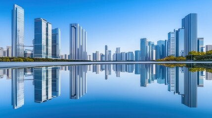 Fototapeta premium Modern City Skyline Reflected in Calm Water