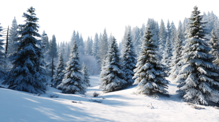 Snowy fir forest, winter season on transparent background