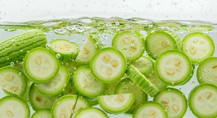 Sliced cucumber rounds floating underwater with whole cucumbers and air bubbles on white background for fresh produce concepts