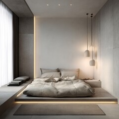 Minimalist bedroom with elevated platform bed and pendant lighting.