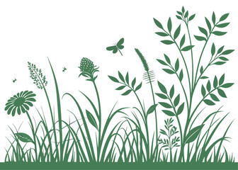 Fototapeta premium A green grassy field with flowers and a few insects. The flowers are scattered throughout the field, with some closer to the foreground and others further back. There are also a few butterflies