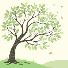 A tree with green leaves and a bird flying above it. The tree is the main focus of the image, and the bird adds a sense of movement and life to the scene