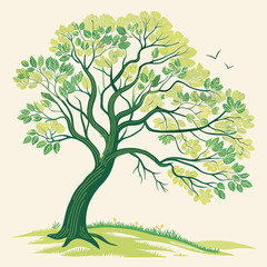 A large tree with green leaves and a bird flying above it. The tree is the main focus of the image, and the bird adds a sense of movement and life to the scene