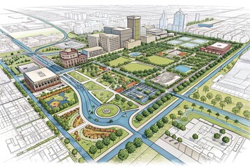 Urban redevelopment project with green spaces and modern buildings