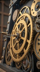 Obraz premium Golden metal gears interlock closely in a complex mechanism. This detailed view shows the intricate workings of brass clockwork machinery.