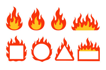 Fire flame, fireball campfire heat isolated icons set. Burning flame warning abstract design orange red background