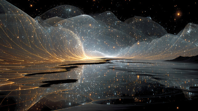 Cosmic strings of light weaving through multidimensional space, forming perfect geometric entanglement patterns.