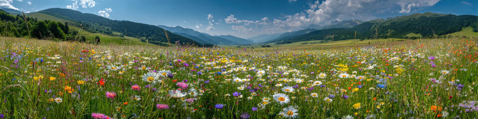 Breathtaking wildflower meadow in the mountains nature photography scenic landscape daytime panoramic view © KoShiiX