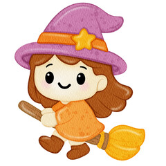 Cute watercolor Halloween witch flying.