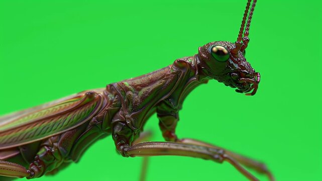 Detailed Close-up Macro Shot of a Brown Stick Insect (Phasmid) Against a Vibrant Green Background, Highlighting its Unique Camouflage and Natural Form