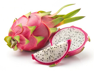 Vibrant pink dragon fruit halved revealing white flesh and black seeds