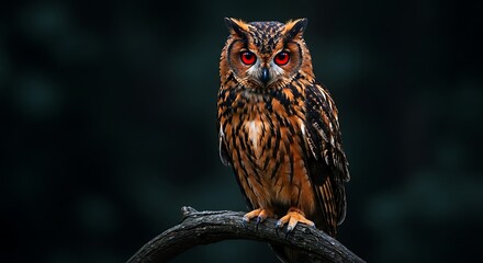 A detailed portrait of an owl with striking red eyes perched on a dark branch in dim lighting setting
