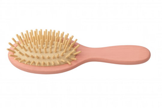 Wooden hairbrush featuring rounded bristle tips, ergonomic pink handle, supporting gentle hair detangling and styling