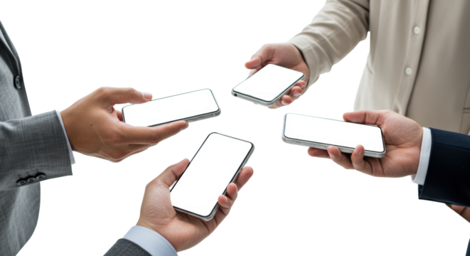 Four diverse, well-groomed hands in professional attire holding sleek, modern, unbranded smartphones with blank screens in a clean, high-key studio. Concept of digital collaboration