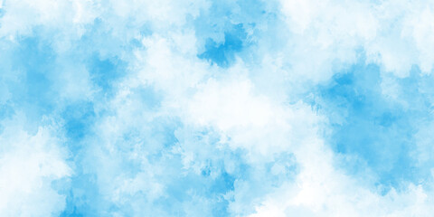 Blue pastel sky with white fluffy cloud cumulus clouds background, colorful bright ink blue and white watercolor texture, hand painted abstract soft sky blue watercolor sky and clouds.