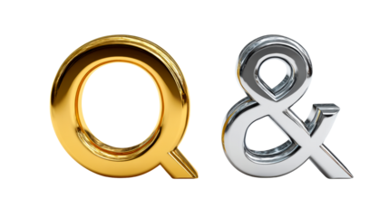 Glossy Gold Q Letter and Silver Ampersand Symbol Isolated on White, cut out transparent