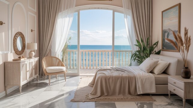 Serene bedroom with a stunning ocean view, bathed in natural light.