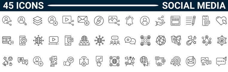 Social media line icon set. Includes social network, connection, networking, friends, comment, profile, like, and share. Editable stroke. Vector illustration