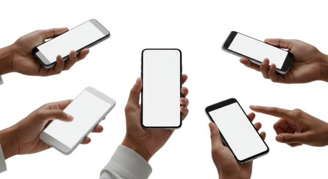 Multiple diverse hands gently touch sleek, blank-screen smartphones in a high-key studio with a transparent background and soft lighting, concept of digital connectivity and modern efficiency - Powered by Adobe