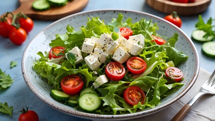 A fresh feta salad with tomatoes, cucumbers and lettuce on a blue table