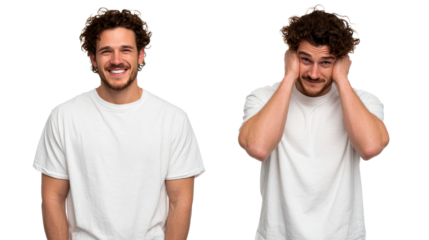 Man with curly hair smiles broadly and then covers ears against white background, cut out transparent