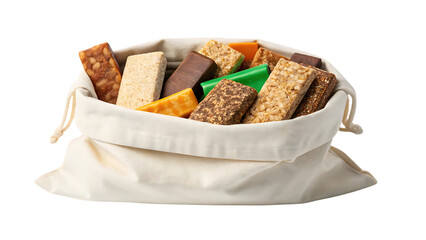 Assorted snack bars in canvas bag granola bars protein bars