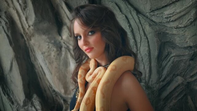 fashion model girl posing with yellow snake hypnotizes wth eyes, sexy woman hypnosis. Studio background gray stone. Black long dress. Vampire gothic lady touch ancient albino boa constrictor animal