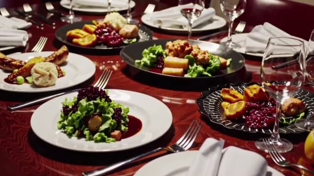 Elegant banquet table set with a variety of gourmet dishes for a fine dining experience, showcasing culinary artistry and sophisticated presentation