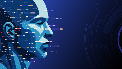 Robot face and pixel line on blue background. Digital data in AI system. Human future technology computer science vector