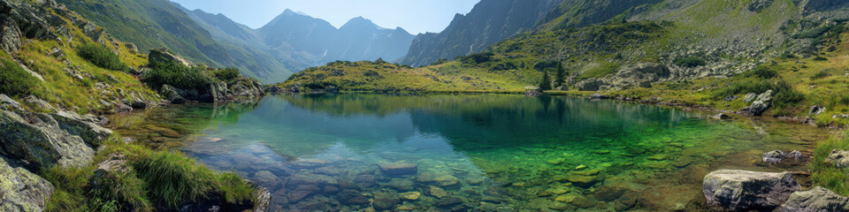 Tranquil nature retreat mountain lake scenic photography serene environment panoramic view outdoor adventure