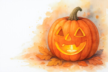 Carved pumpkin with candle inside for Halloween in watercolor style for greeting cards and print design