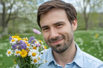 A happy man with a bouquet of wildflowers smiles gently outdoors in a sunny meadow.