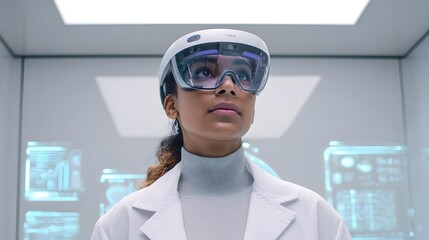 A female scientist with light brown skin wearing a lab coat and VR headset monitors deep-sea mining data in a clean, futuristic lab. Minimalist interior with holographic displays and soft lighting.