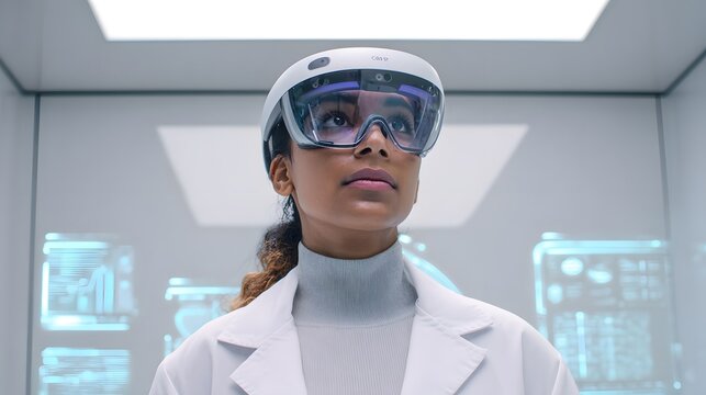 A female scientist with light brown skin wearing a lab coat and VR headset monitors deep-sea mining data in a clean, futuristic lab. Minimalist interior with holographic displays and soft lighting.