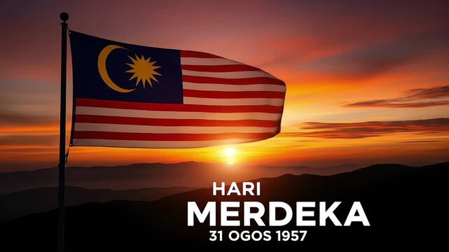 Hari Merdeka Malaysia Flag Flying High at Sunrise.