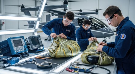 Ground crew performing preventive maintenance on ballistic parachute packs at a specialized station supporting electric verticaltakeoff aircraft.
