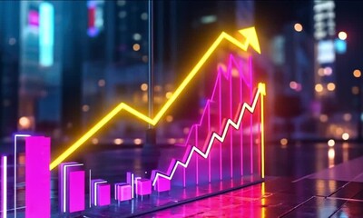 Finance stock market graph arrow rises, A vibrant neon graph rises against a dark - Powered by Adobe