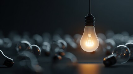 One of Lightbulb glowing among shutdown light bulb in dark area with copy space for creative thinking , problem solving solution and outstanding concept by 3d rendering technique.