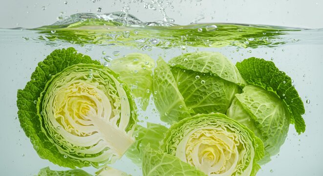 Fresh savoy cabbage halves submerged in clear water with bubbles, healthy organic vegetables for culinary food photography and clean eating concepts