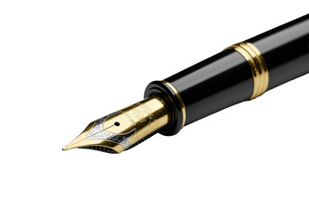 Classic black fountain pen with gold accents, detailed two-tone nib angled, on transparent textured surface with soft studio light, concept of professionalism and luxury.