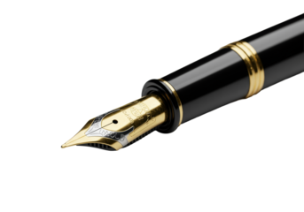 Classic black fountain pen with gold accents, detailed two-tone nib angled, on transparent textured surface with soft studio light, concept of professionalism and luxury.