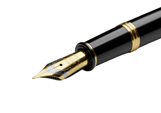 Classic black fountain pen with gold accents, detailed two-tone nib angled, on transparent textured surface with soft studio light, concept of professionalism and luxury.