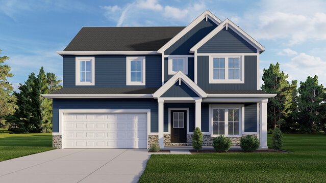3D Rendered Modern Two-Story House Model with Blue Siding and Stone Accents &ndash; Lumion Render  