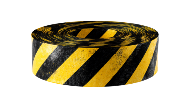 Roll of Caution Tape With Black and Yellow Diagonal Stripes, cut out transparent
