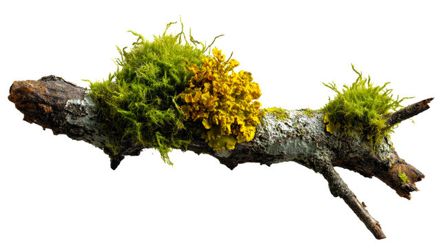 Tree branch covered with vibrant green moss and yellow lichen, cut out transparent - Powered by Adobe