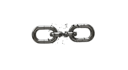 Ultra-realistic chrome-plated metal chain link dynamically shattering into sharp, reflective fragments on a transparent studio background. Concept of breakthrough and liberation