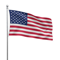 American flag waving on a flagpole with red and white stripes and blue stars isolated on transparent background