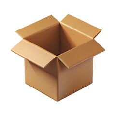 A slightly angled view of an open brown cardboard box with flaps on a black background square format